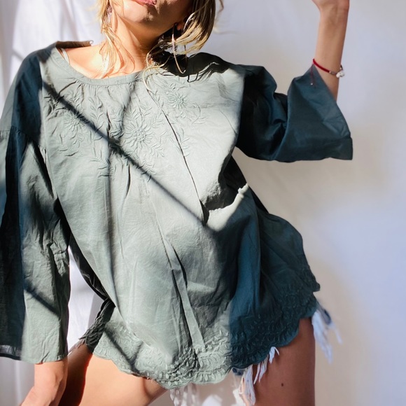 UNIQLO Olive Boho Embroidered Top - Picture 7 of 12